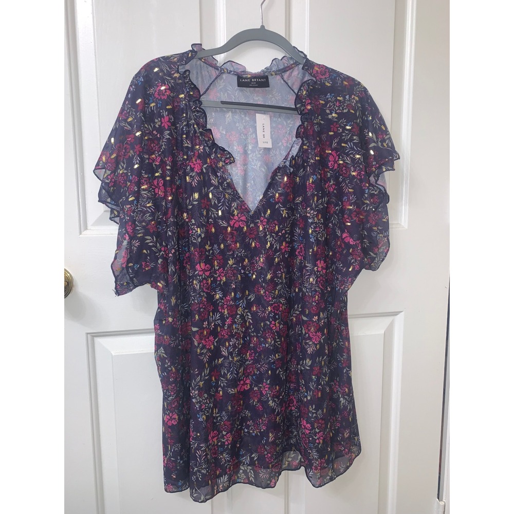 NWT Lane Bryant Black Floral Mesh Ruffle V-Neck Blouse Gold Foil Dot Size 26/28